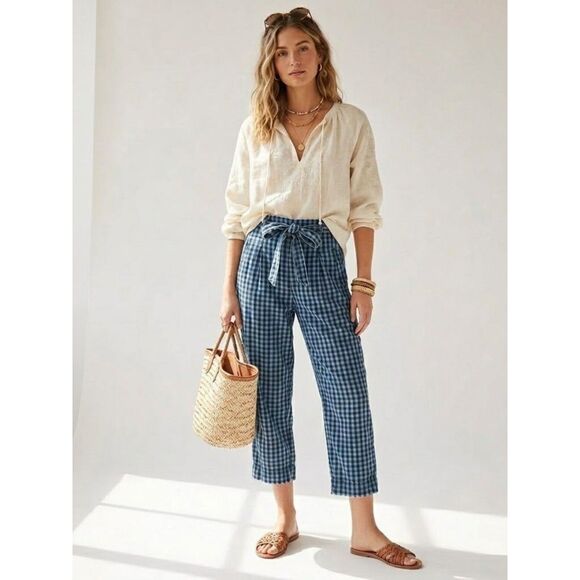 Maeve Pants - Anthro Maeve Avryl Bleached Gingham Pants Tie Waist Crop 0
